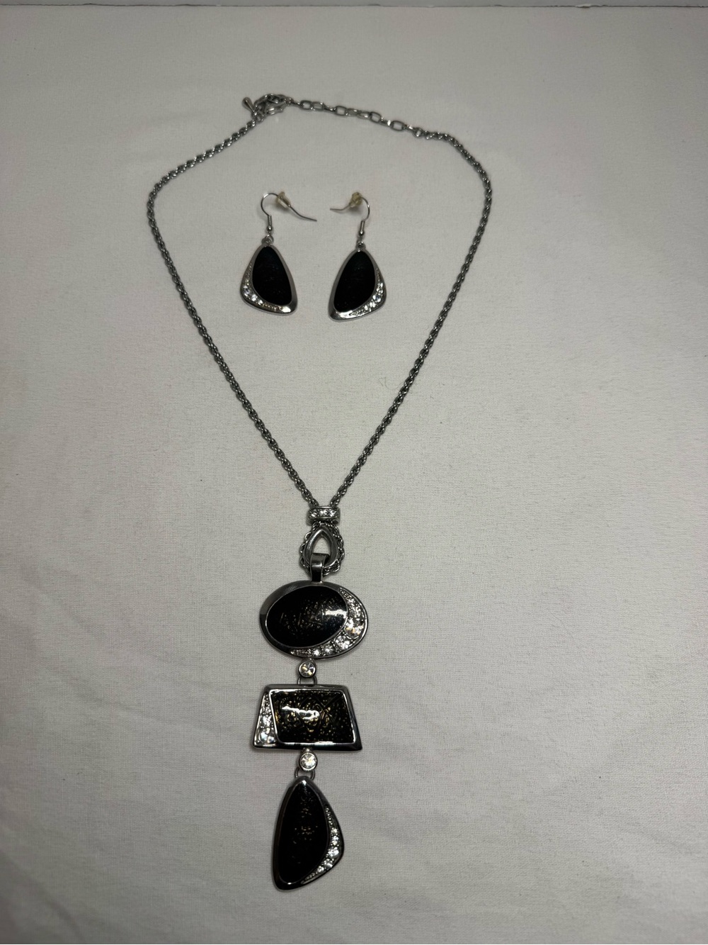 Modernist Silver Tone Black Resin Tiered Statement Necklace & Drop Earrings Set